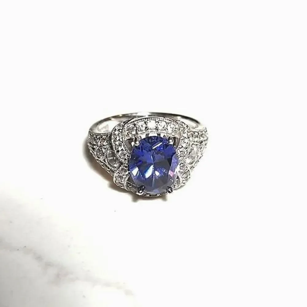 925 Silver Cubic Zirconia Amethyst Ring Stamped